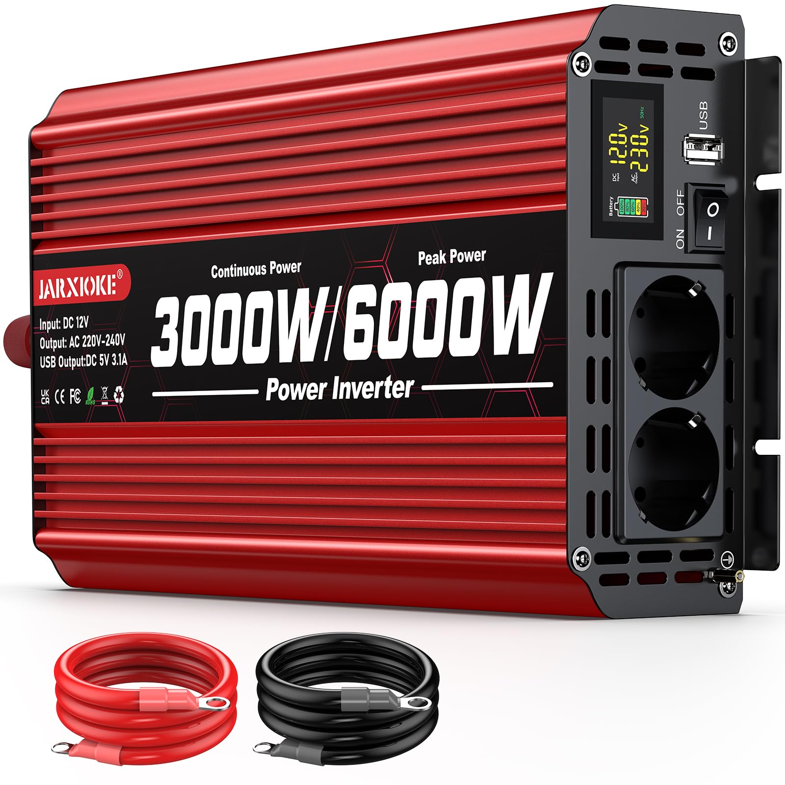 Inverter 3000W 12V 220V Onda Sinusoidale Modificata con Display 2 Prese AC USB per Auto Camper