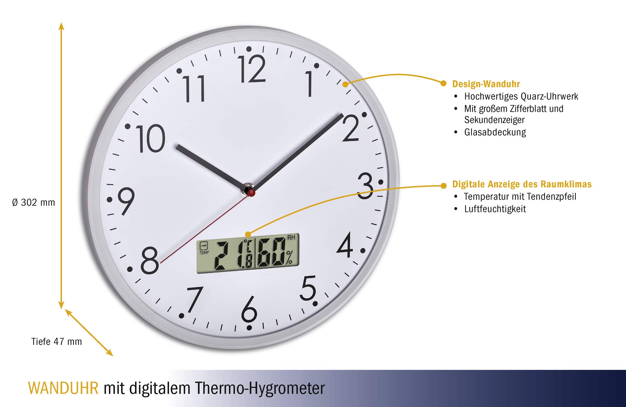 TFA Dostmann Orologio da parete moderno, analogico con termometro e igrometro digitali, per il controllo del clima interno, al quarzo, 60.3048.02, bianco