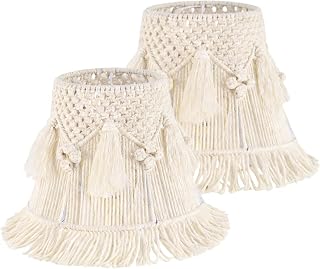 BOXEMIYA 2 Pack Boho Macrame Lamp Shades 7.5x12x11 Inch Spider Fitter Ivory White Tassel Lampshades for Table Floor Lamps