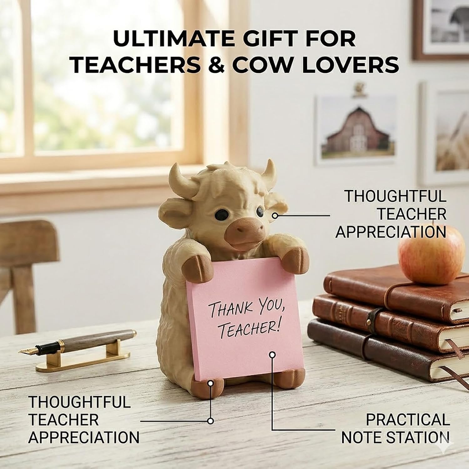 Highland Cow Sticky Note Holder Dispenser - Cute 3D Printed Desk Organizers and Accessories, Funny Scottish Cow Themed Gifts for Cow Lovers Women, Unique Office Home Cubicle Decor(Beige) image 5