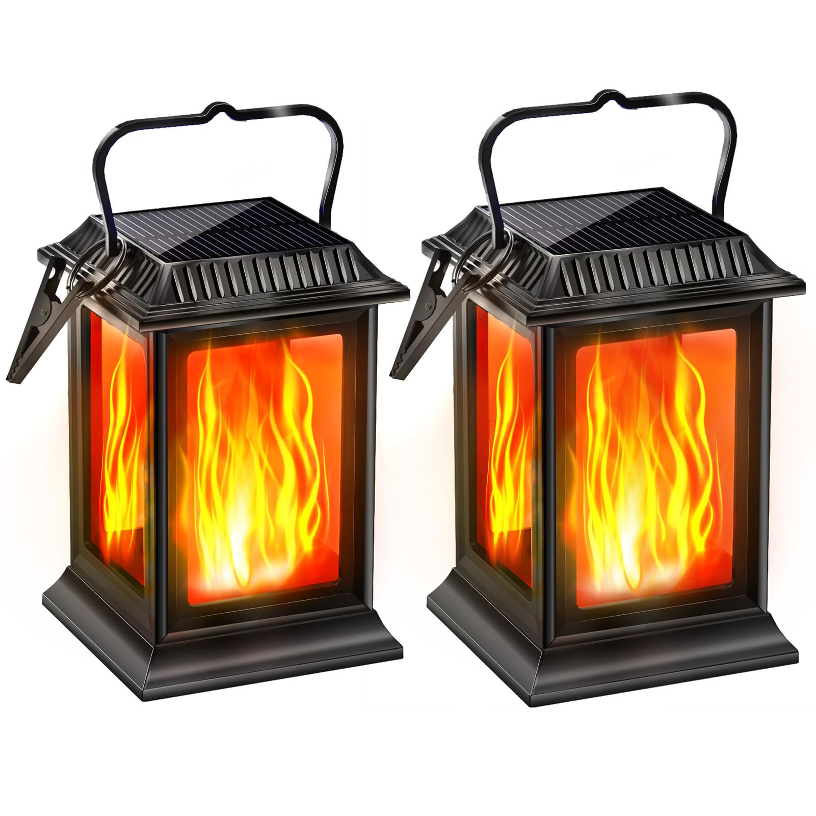 Wakects Solare Flackernde Flammenlichter, ABS-Solar-Hängelaterne, 2er-Pack, IP65 Wasserdicht, 1200 MAh, 2 Modi für Terrasse, Garten, Hof, Weg, Außendekoration (Solarflammenlicht 91006D, 2er-Pack)