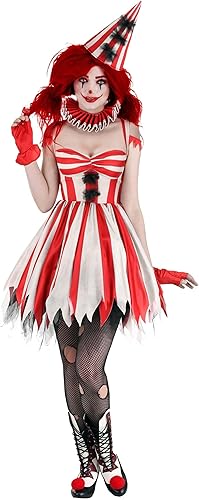 Disfraz de payaso de circo siniestro para mujer, disfraz de payaso aterrador rojo, vestido de payaso aterrador