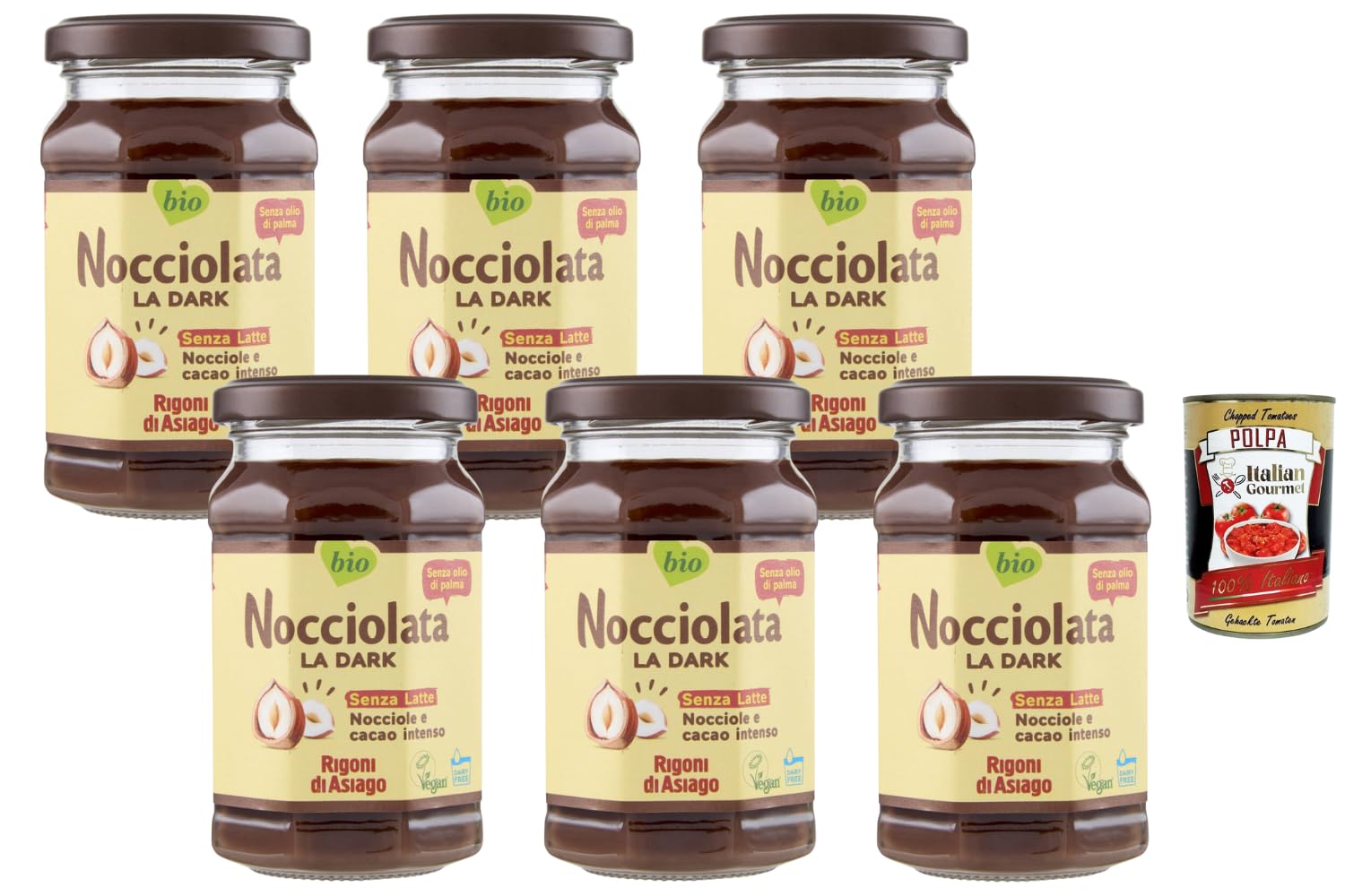 Italian Gourmet Rigoni di asiago Pâte à tartiner noisettes & cacao noir 6 x 250 g – sans lait, goût intense, idéale petit-déjeuner & pâtisserie, pot en verre + Italian Gourmet Polpa