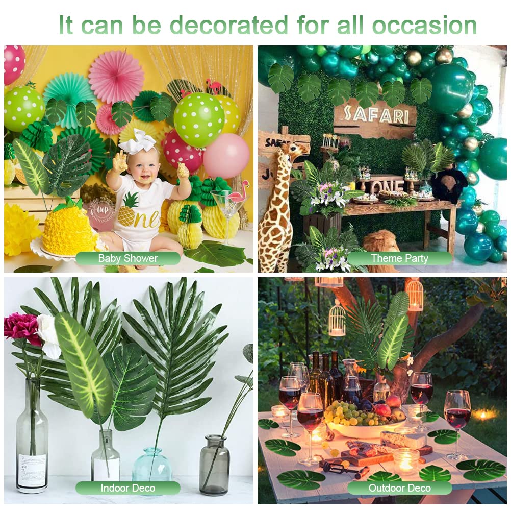 Set di 100 foglie di palma, 8 tipi di foglie di palma artificiali con steli pianta tropicale, foglie di palma e foglie mostri foglie per giungla beach hawaiano matrimonio partito decorazione