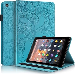 Tablettskydd For Fire HD10 2019/2017 PU Läderfodral Flip Plånbok Skyddskåpa Träd av Life Tablet Case Card Slot Tablet Pc Omslag Hemma för surfplatta(Blu)