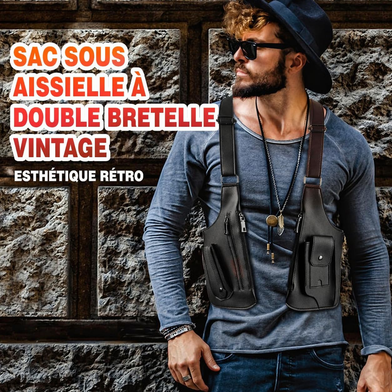 Générique Sac Bandoulière Double Homme, Sac De Harnais D'épaule, Harnais Antivol Cuir Homme,Sac à Bandoulière Double avec Réglable Étui Antivol pour Portefeuille et Téléphone