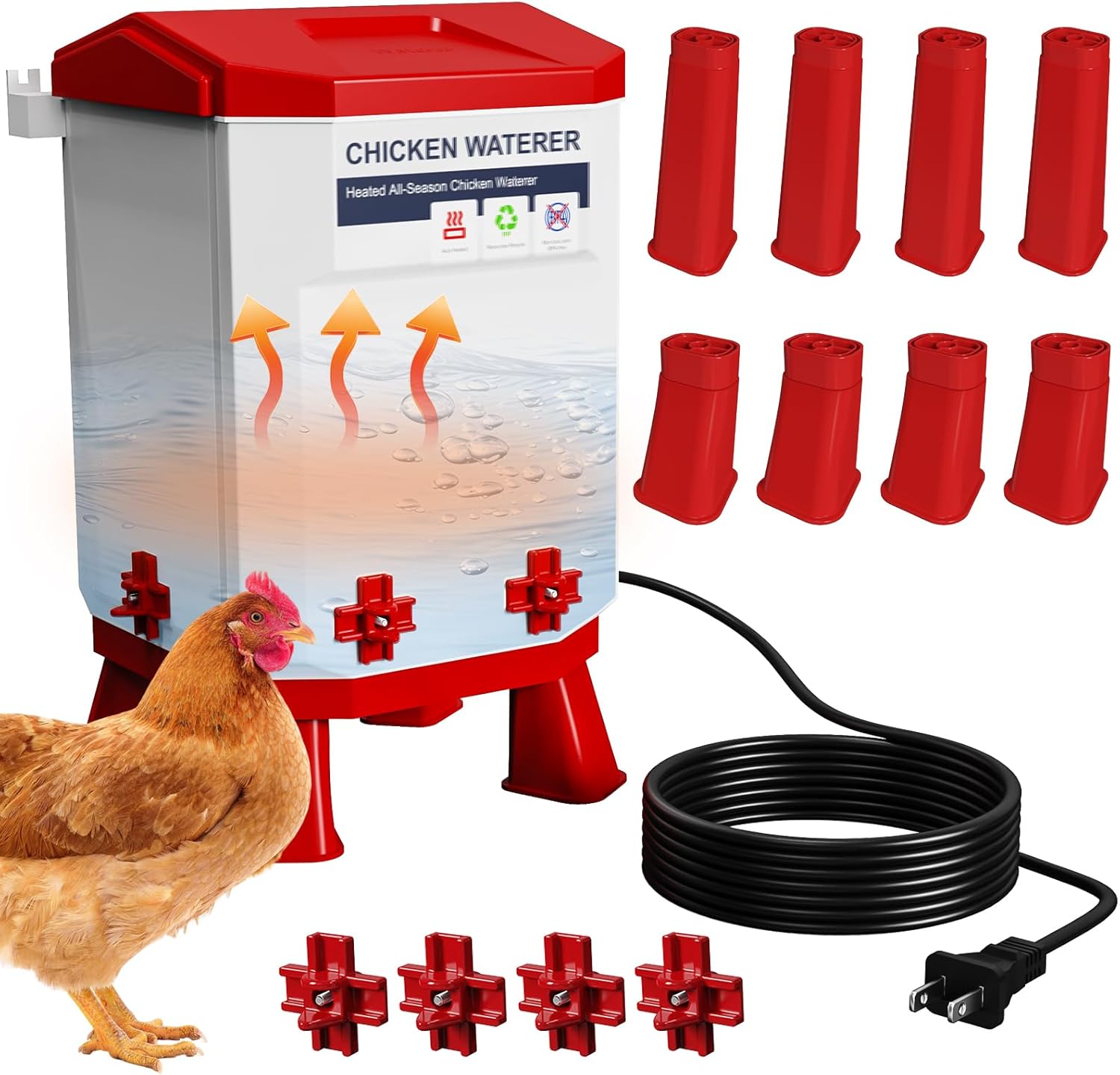Nexum 3-Gallon Heated Chicken Waterer – All-Season Poultry Drinker with 4 Nipples and Stand, Keeps Clean & Unfrozen, Easy-Fill, Low Maintenance for Chickens, Ducks & Quail (Red, 12L)