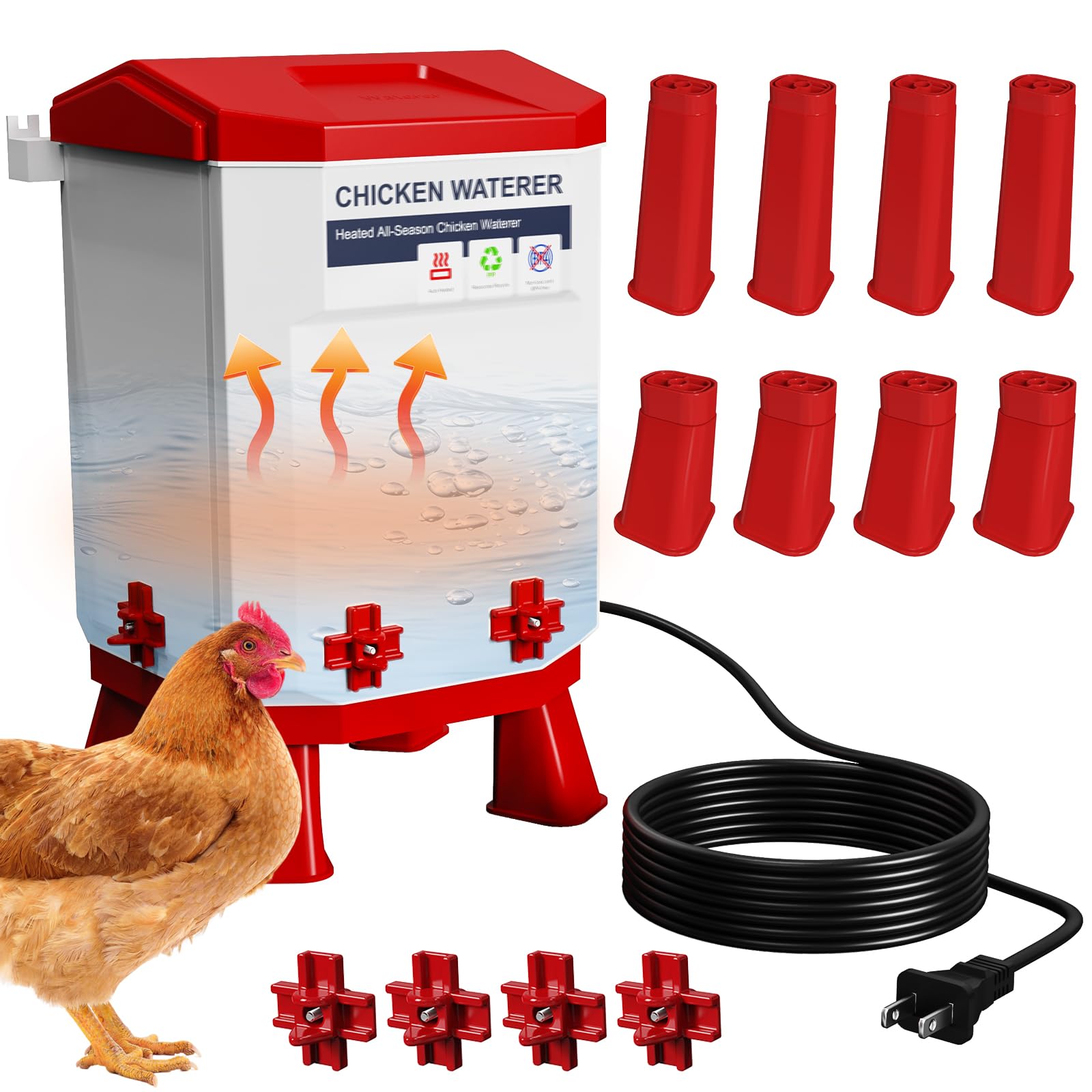 nexum 2-gallon heated chicken waterer – all-season poultry drinker with 4 nipples and stand, keeps clean & unfrozen, easy-fill, low maintenance for chickens, ducks & quail (red, 7l)