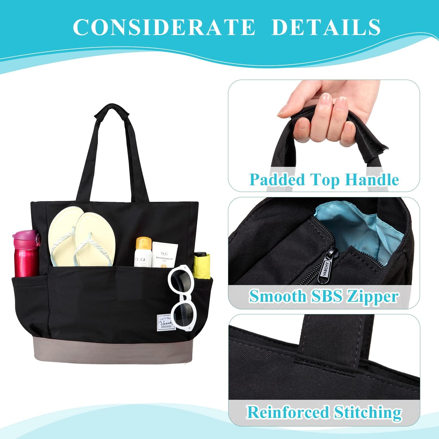 VASCHY Beach Bag for Women, Large Waterproof Sandproof Fold-able Packable Pool Tote Bag w Zipper/Pockets - Image 3