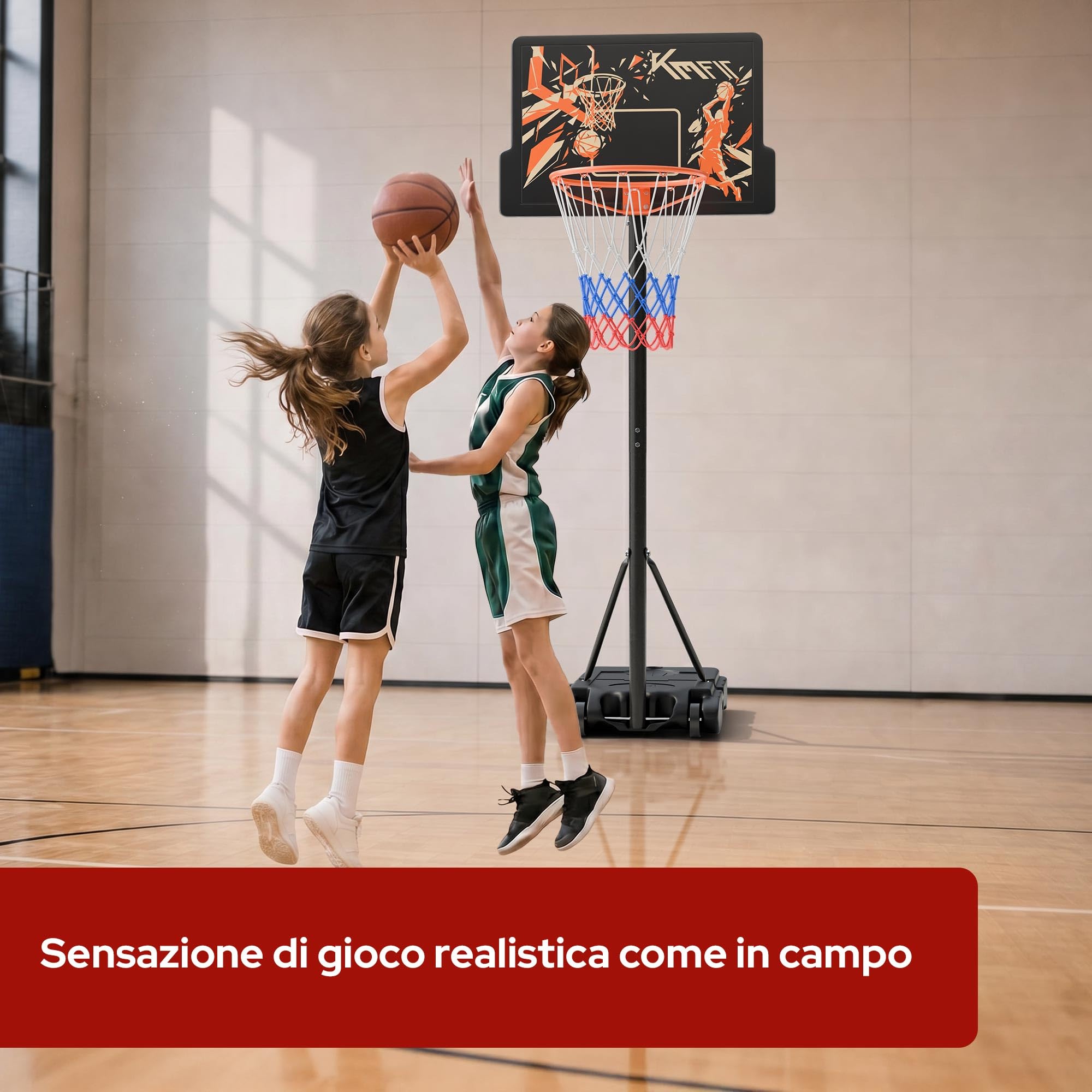KM-Fit Canestro Basket Regolabile 110–210 cm | Supporto Basket Portatile con Ruote & Porta Palla | Canestro da Esterno per Bambini e Principianti | incl. 2 reti