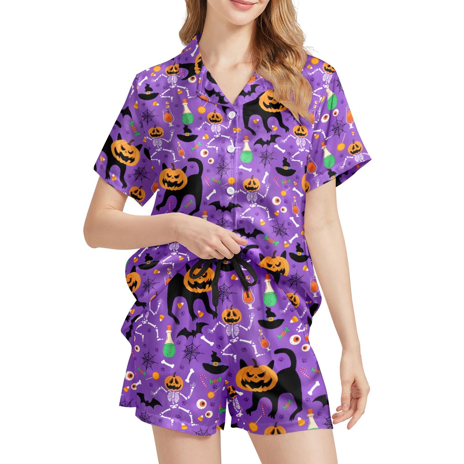 Funny Pajamas for Women Set Print Satin Loungewear Pjs Short Sleeve Button Down Top and Shorts Sets Sleepwear XS-3XL