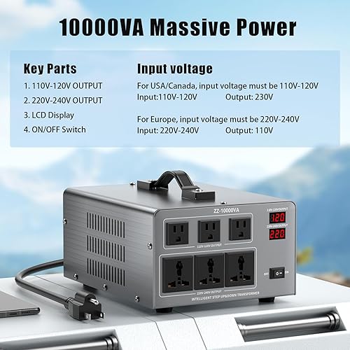 Miniatura 4 de Convertidor de voltaje de 10000 W, transformador automático de 110120220240 V de alta resistencia con 3 salidas de EE. UU., 3 salidas universales,