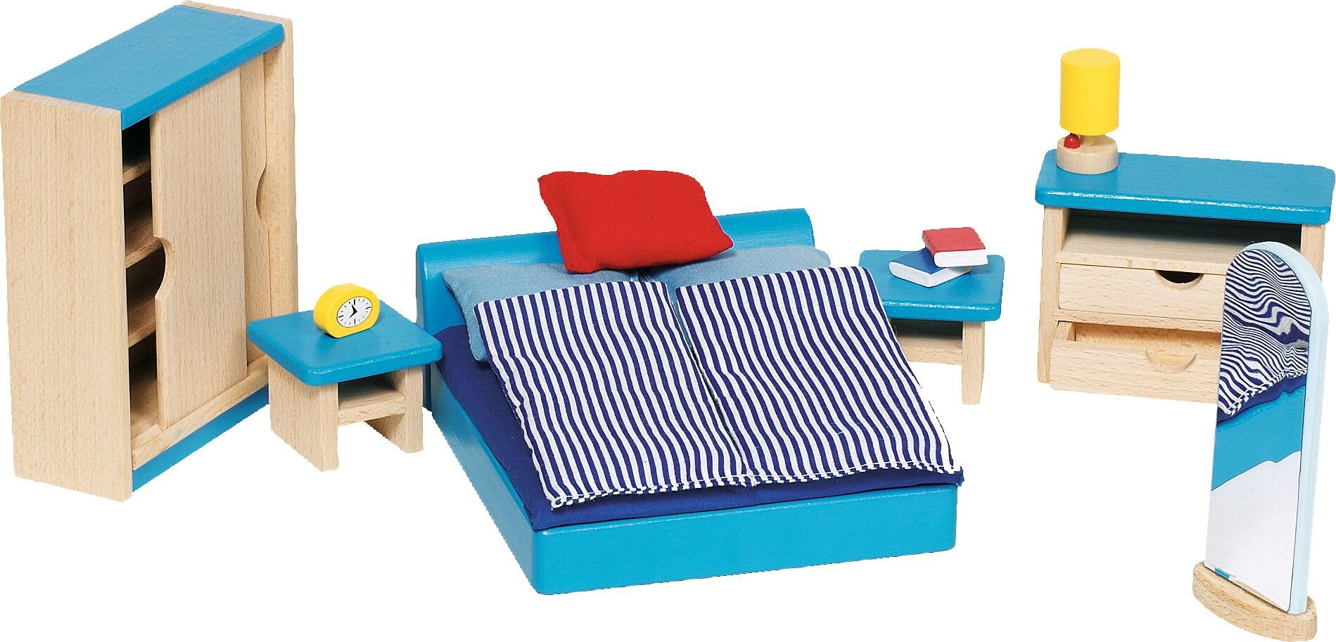 goki 6633 - Puppenhaus Set XXL, 115 Teile aus Holz & Textil, Komplettes Möbelset & Zubehör, Biegepuppenfamilie, Küche, Badezimmer, Schlafzimmer, Wohnzimmer, Haus mit Etagen 65 x 35 x 88cm, ab 3 Jahre