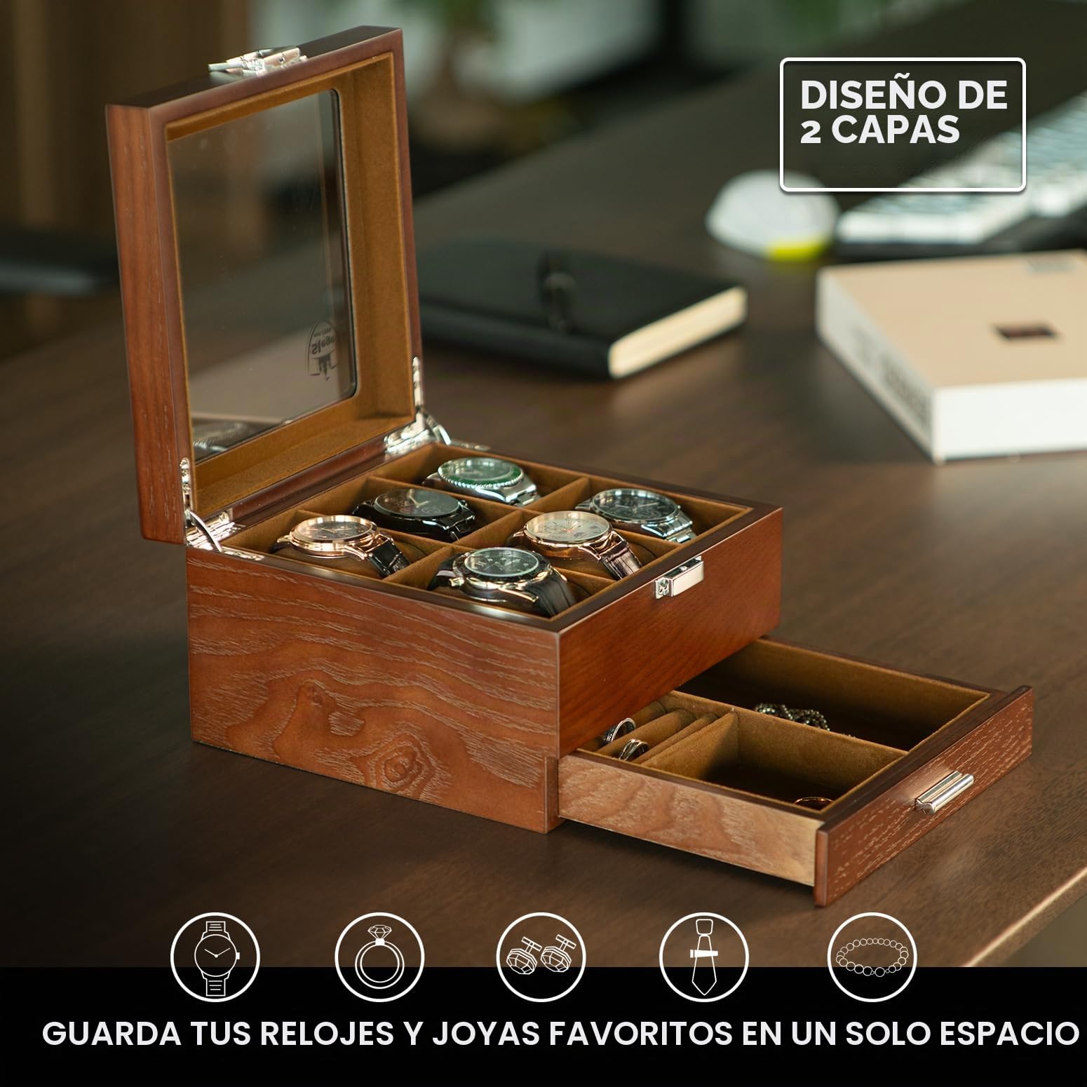 Slege Caja para Relojes Hecha a Mano de Madera, 6 Compartimentos y 2 Niveles con Cajón, Tapa de Madera con Ventana de Vidrio, Organizador Grande, Regalo Elegante para Hombre y Mujer