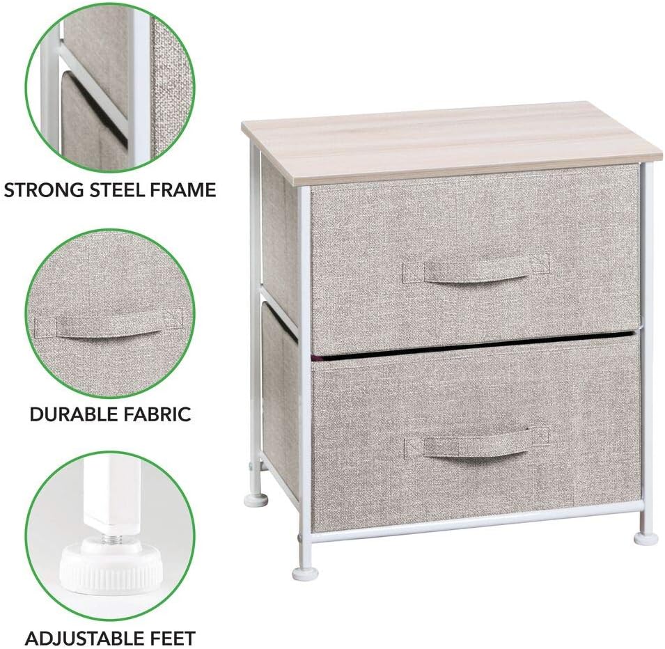 mDesign Storage Dresser End/Side Table Night Stand Furniture Unit - Small Standing Organizer for Bedroom, Office, Living Room, and Closet - 2 Drawer Removable Fabric Bins - Linen/Tan/Natural : Home & Kitchen