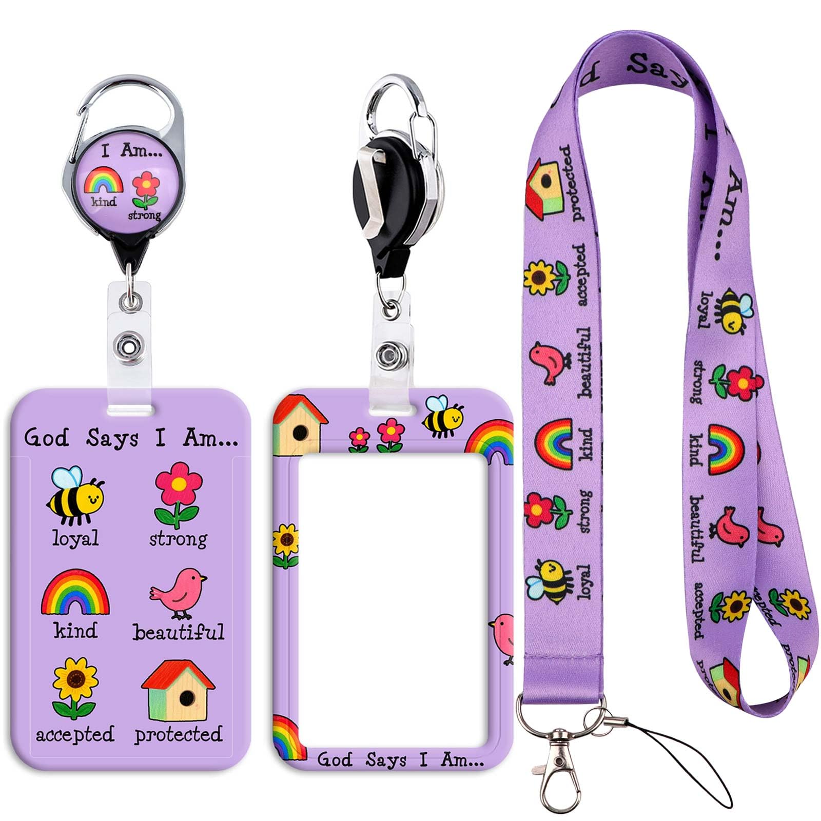 Kids Lanyard with Card Holder Cute Vertical ID Badge Holder I'm Kind, Strong... Card Sleeve with Retractable Reel Clip for School Girls Cruising, Aesthetic Flower