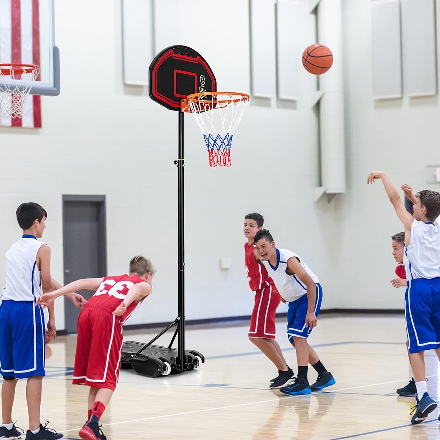 GYMAX Canasta de Baloncesto de 155 a 210 cm, Altura Ajustable con Red y Pared Trasera Irrompible, Cesta de Baloncesto Infantil con Base Rellenable y 2 Ruedas para Interior y Exterior