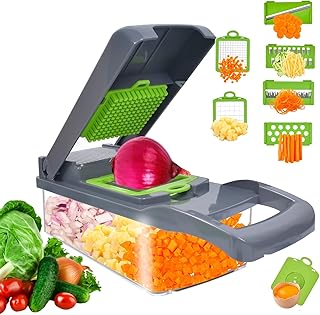 Vegetable Chopper,12-in-1 Multifunctional Veggie Chopper,Grey Kitchen Vegetable Slicer Dicer Cutter,Potato Onion Food Chopper with Vegetable Peeler,Hand Guard and Container