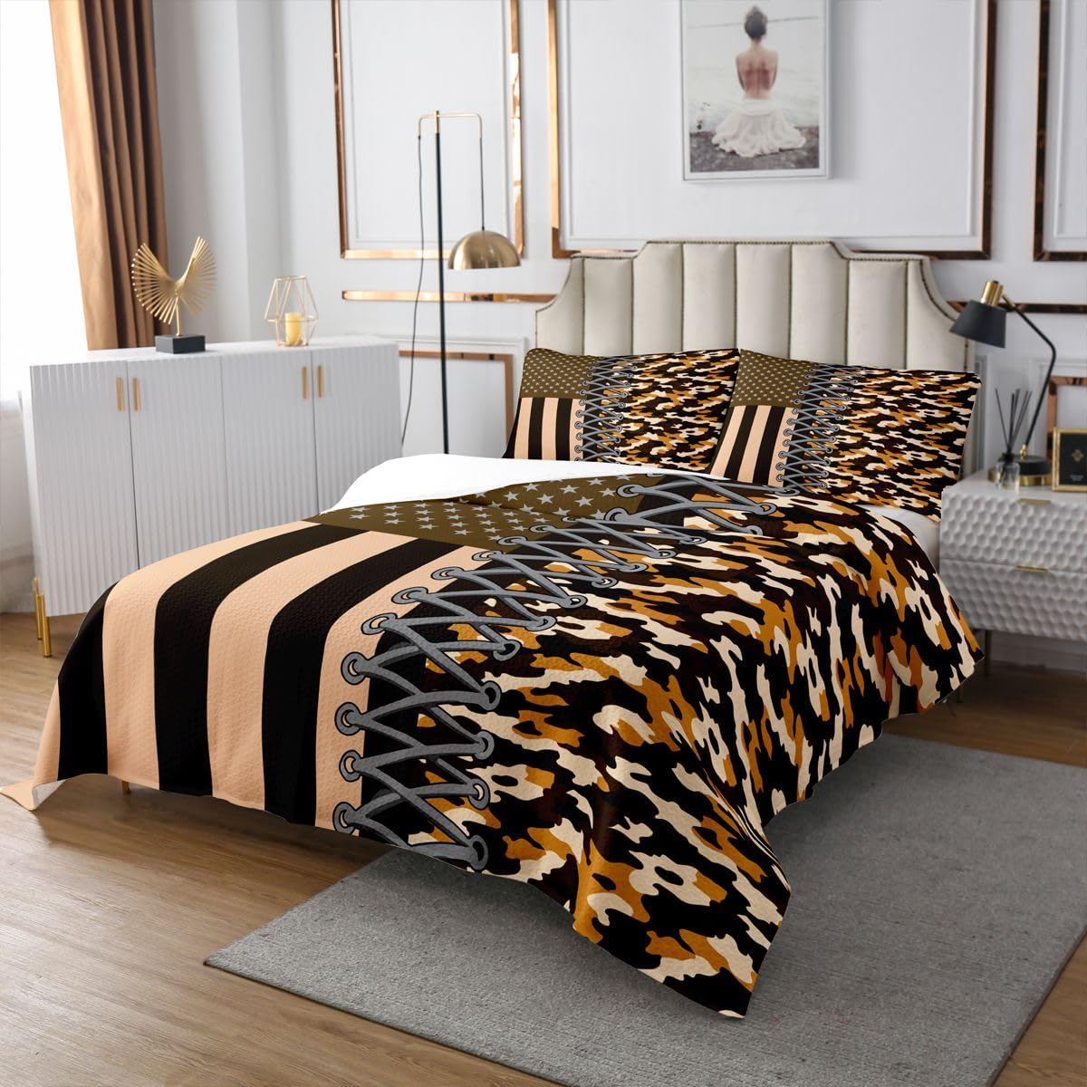 jejeloiu Brown Black Camo Bedspread Twin Size American Flag Coverlet Set Shoelace Pattern Quilted Coverlet for All Season with 1 Pillowcase Star Stripe Patchwork Microfiber Lightweight