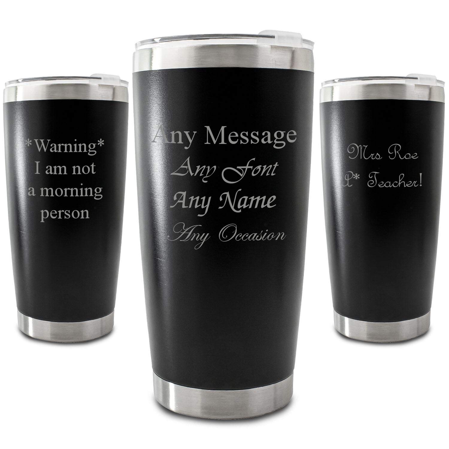 Personalisierter, gravierter, schwarzer 500-ml-Reisebecher, personalisierbar mit jeder Nachricht, Auswahl aus verschiedenen Schriftarten, inklusive Geschenkbox, Lasergravur