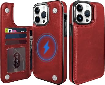 for iPhone 14Pro Max Magnetic Flip Wallet Case 6.7", Compatible with MagSafe, Leather Card Holder Kickstand for iPhone 14 Pro Max Red, iPhone 14 Pro Max