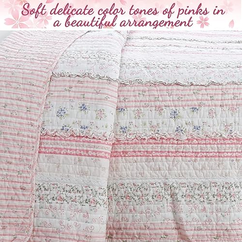 Miniatura 5 de Cozy Line Home Fashions Juego de ropa de cama reversible de 100% algodón con volantes y volantes de encaje rosa Shabby Chic Girl (encaje rosa, King