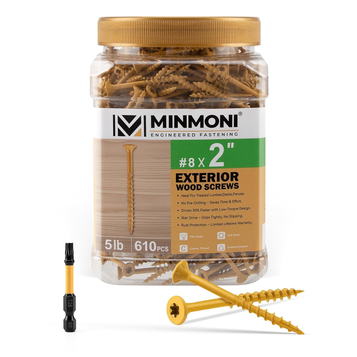 #10 x 2-1/2" Wood Screws (5 lb Box), Trox Flat-Head Exterior Deck Screws 360pcs, Multiple Size Available, Tan, T25 Star Bit Included