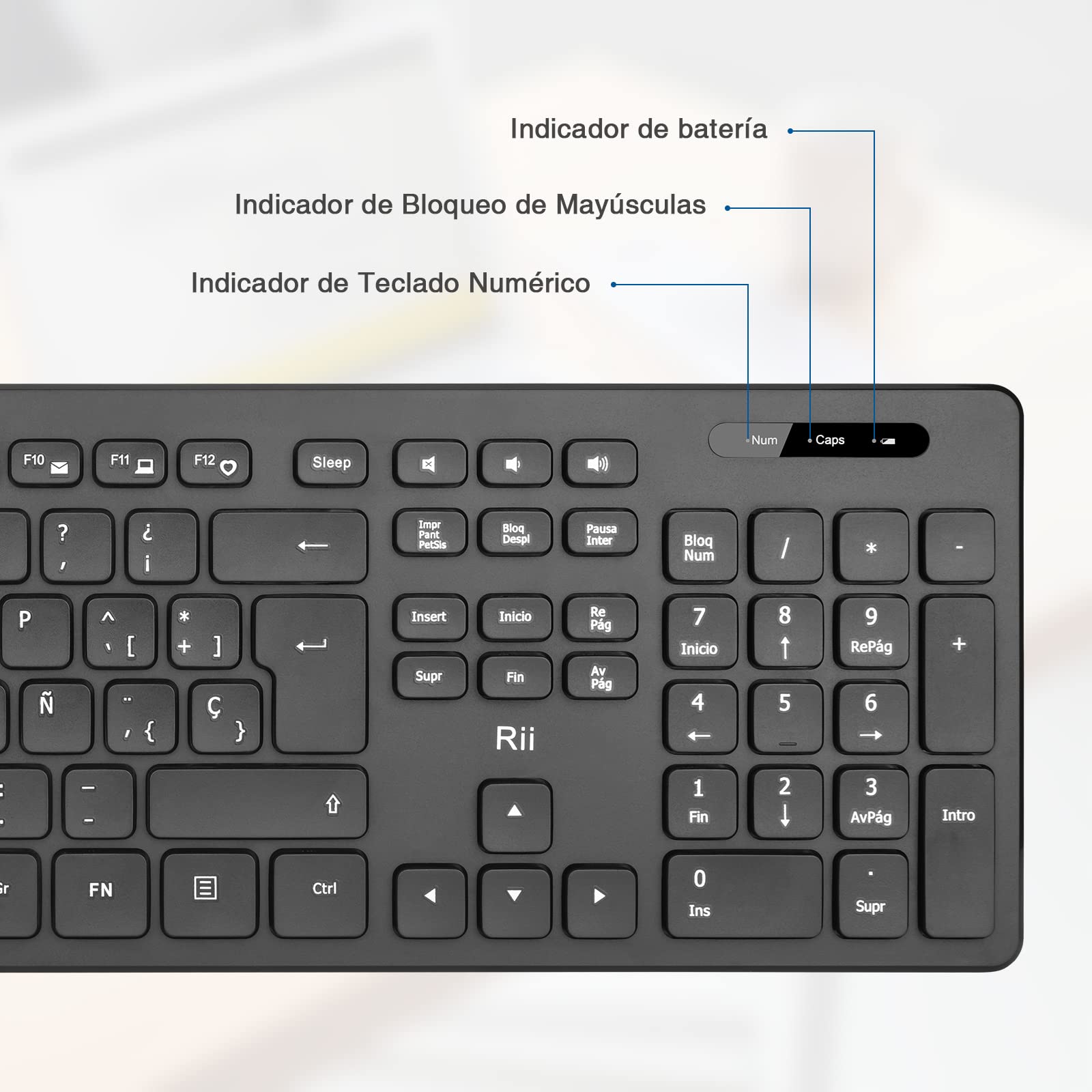 Rii RK200 2.4Ghz Combo Ratón y Teclado Inalámbrico para Android/Windows/Mac/Linux y Otros Dispositivos con USB-QWERTY Español,Color Negro