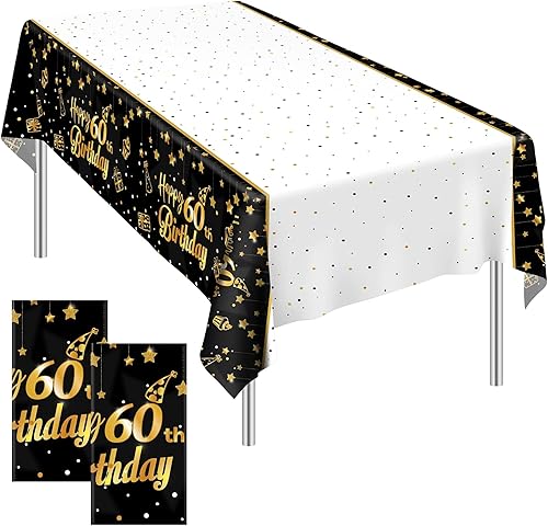 Ruisita Paquete de 2 manteles rectangulares para fiestas de cumpleaños 60 en interiores o exteriores, color negro y dorado