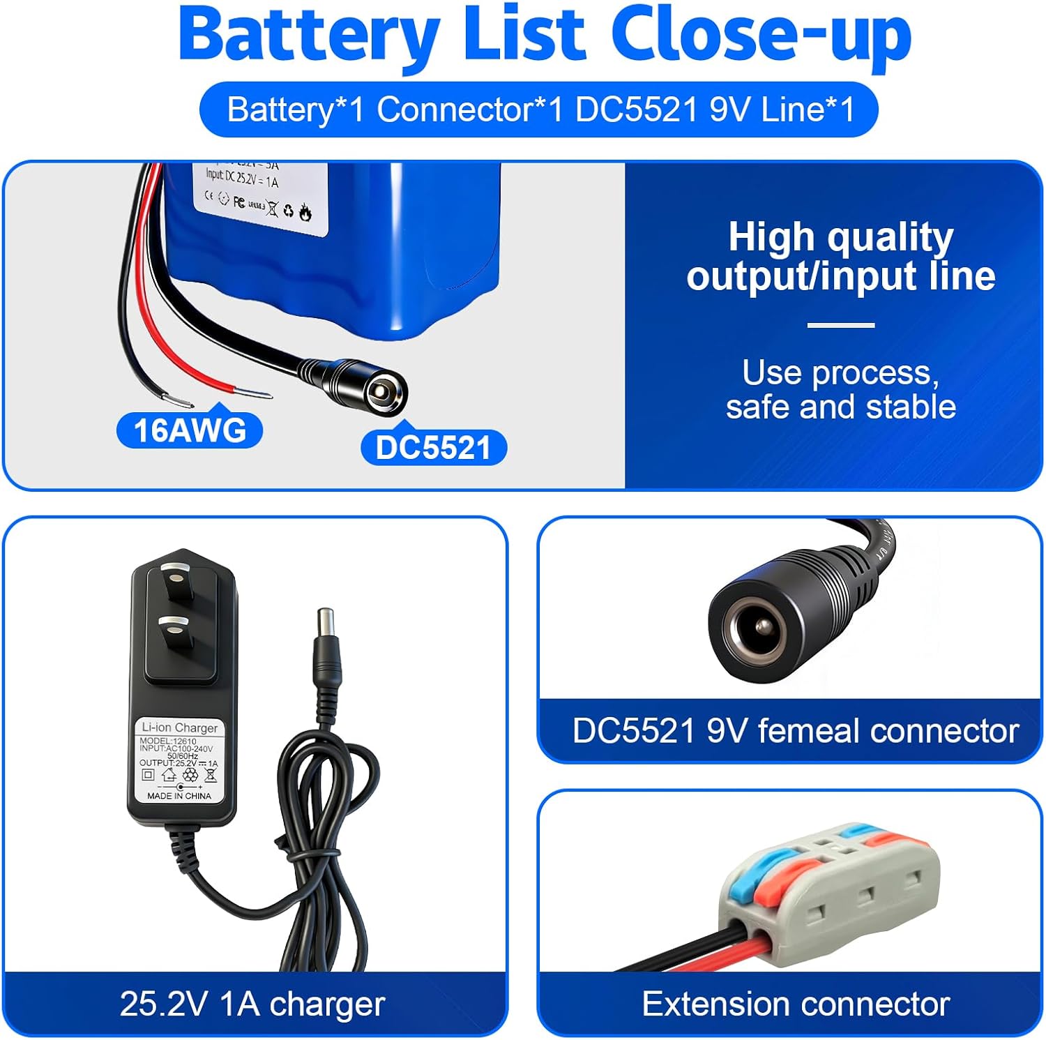 24V 4Ah Rechargeable Li-ion Battery Pack, Bare Leads Wire Lithium Replacement Battery with Charger Perfect for DIY Project, Robot, Solar Panels, LED Light Strip, CCTV Camera
