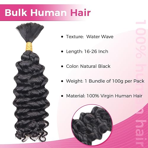 Miniatura 2 de Lashey Cabello humano trenzado ondulado a granel para trenzar, 100% cabello virgen, a granel, 1 paquete de 3.53 ozpaquete, extensiones de cabello