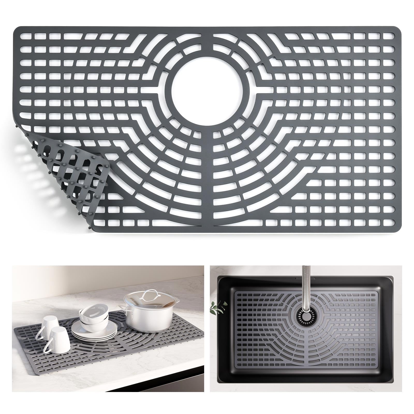 Snuggery Silicone Sink Protector 26“x14 Rear Drain Hole, Heat Resistant Non-Slip Dishwasher Suitable, Large Sink Mat for Bottom of Farmhouse Kitchen Stainless Steel Sinks(Grey