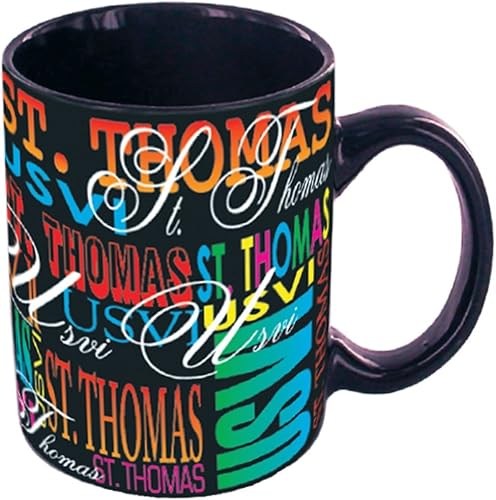 Taza de café St Thomas USVI, regalos de recuerdo USVI, taza de café de cerámica negra con tazas de neón de la firma, un gran recuerdo coleccionable