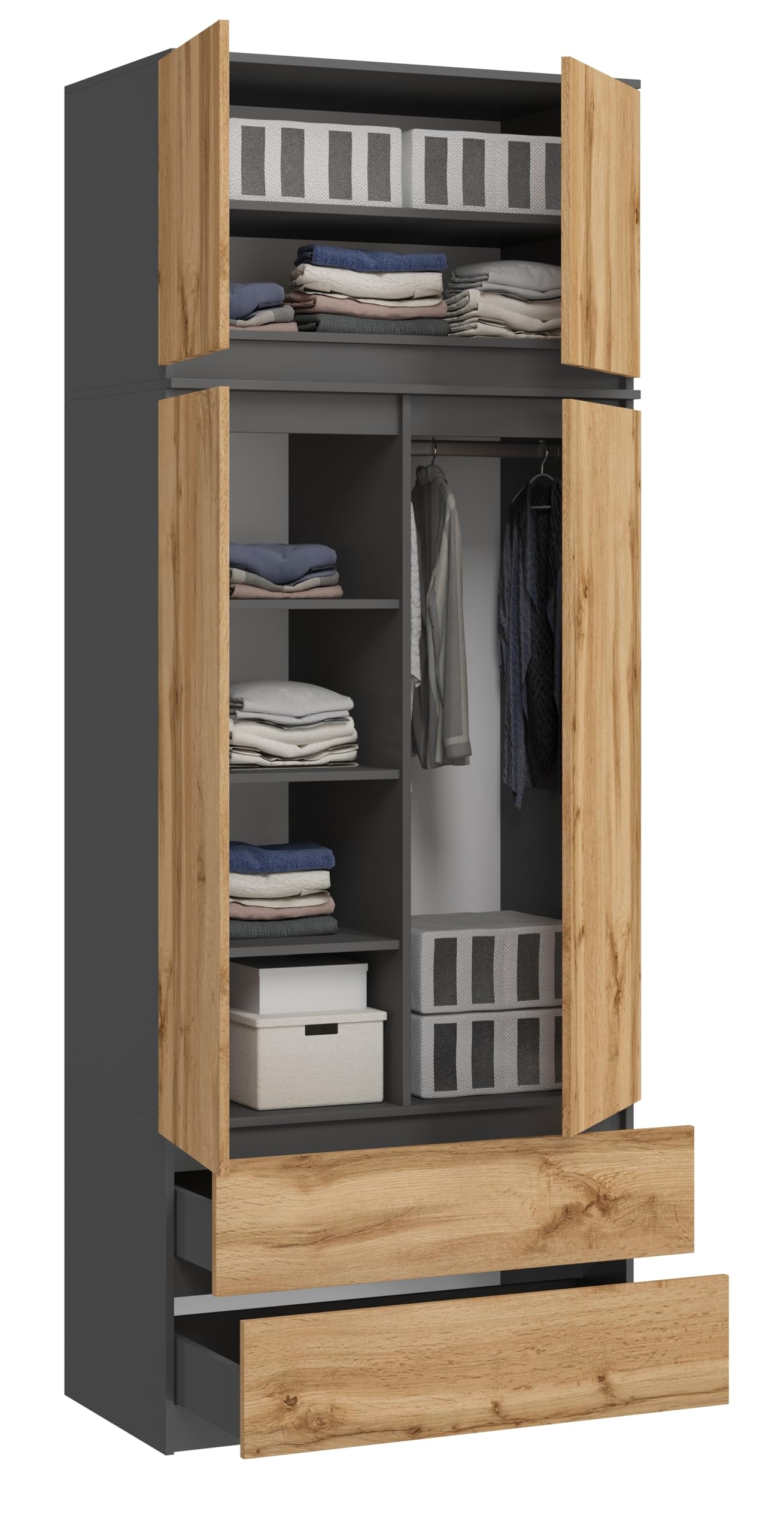 Großer Kleiderschrank, Schrank mit 4 Türen, 2 Schubladen, 6 Einlegeböden und Kleiderständer, Mehrzweckschrank, Garderobenschrank 235x90x50,5cm (Grafit/Eiche Wotan)