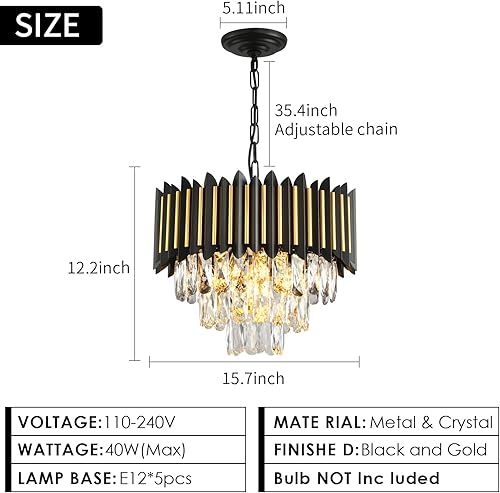 Miniatura 5 de Modern Crystal Chandeliers 3 Tiers Black and Gold Chandelier Pendant Light Fixtures Round Flush Mount Chandeliers Ceiling Lighting for Living Room