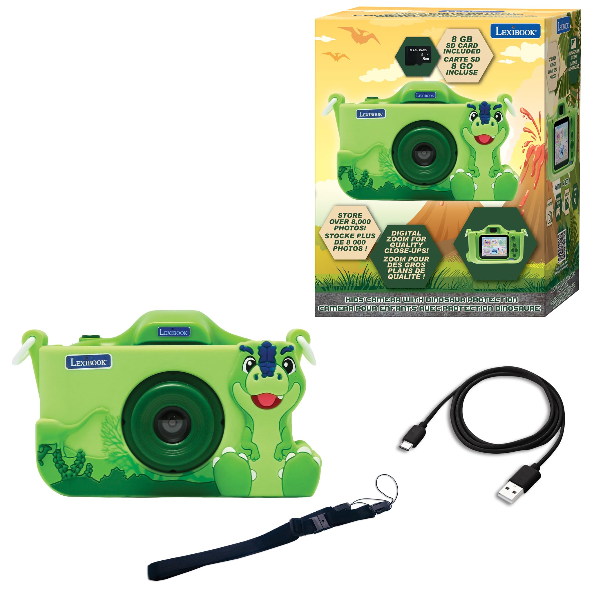 LEXIBOOKDinosaur, 4-in-1 Camera for Kids with Protection, Photo, Video, MP3, and Games Functions, 15 Frames to Customize Your Photos, 8 GB Memory Card Included, DJ078DINO, Green