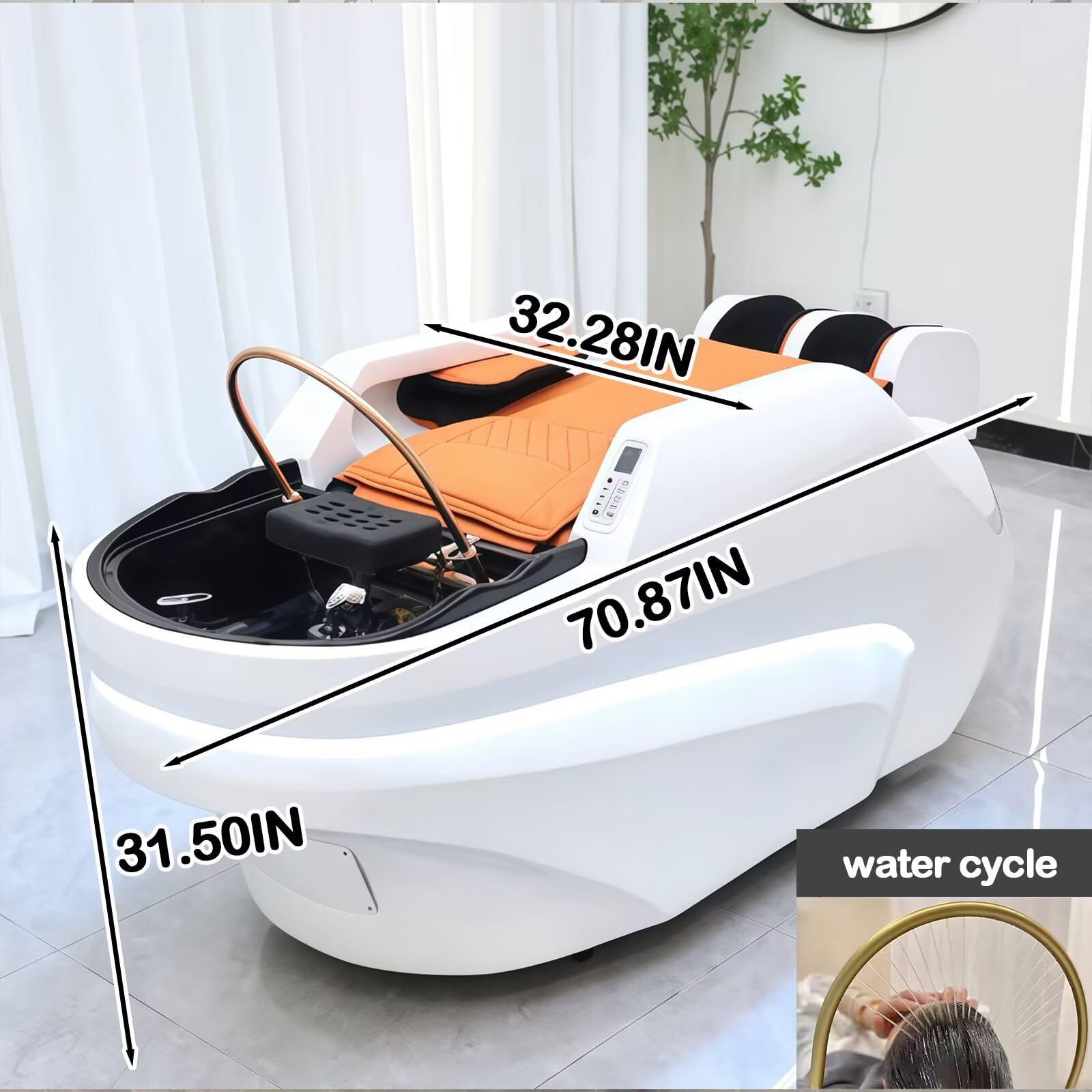 Professionelle Salon-Shampooliege mit multifunktionaler Massage, elegantem weiß-orangem Design, Wasserzirkulation, Beinauflage und Kosmetiktisch-Ausstattung (Weiß)