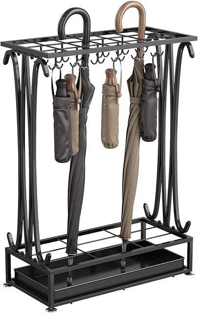 AcornFort U-21 Extra LARGE Black Metal 21 Holes Rectangle Style Umbrella Stand Walking Stick Holder With 24 Hooks and a Free Bottom Rainwater Leaking Tray 70 * 50 * 24 CM