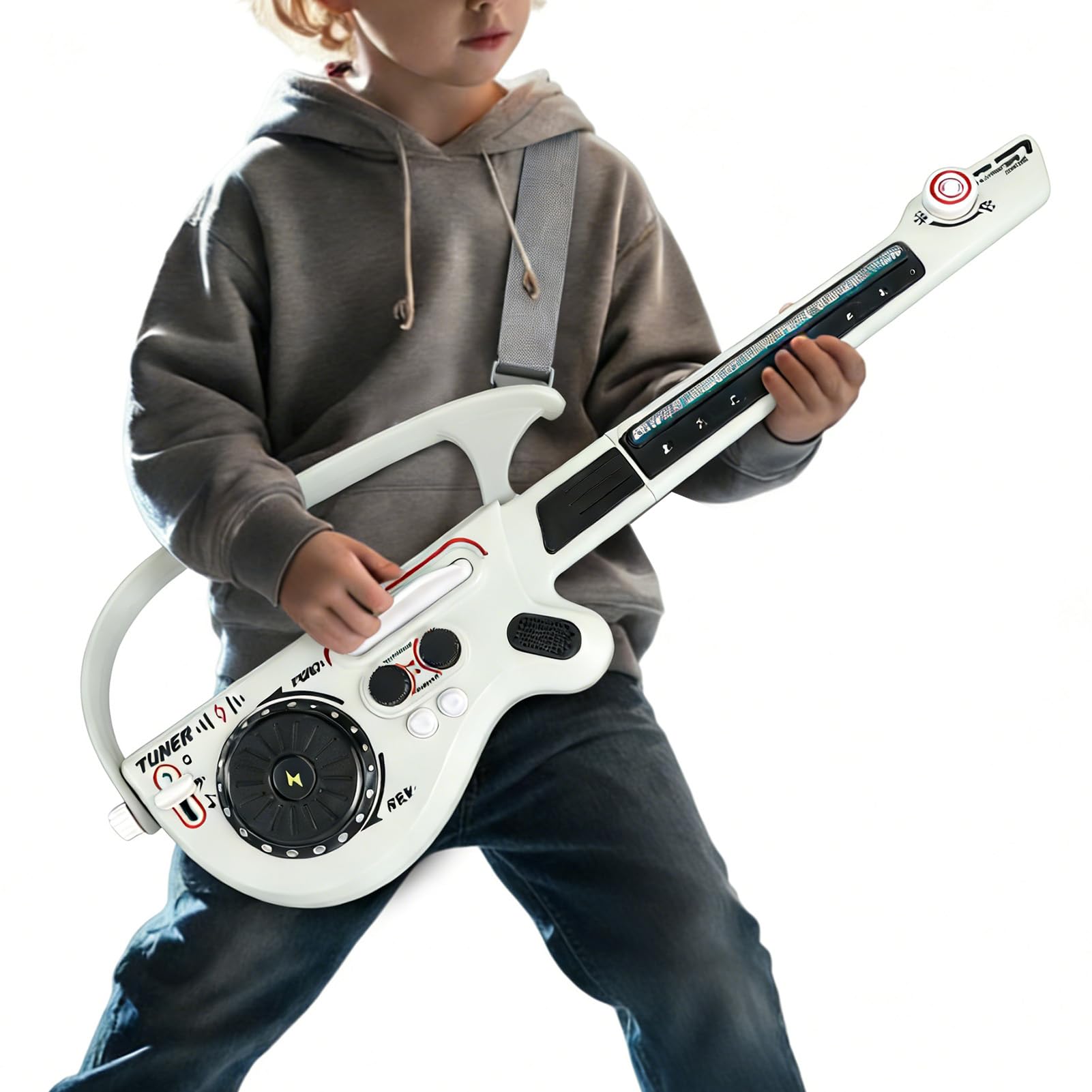 ASHATA Chitarra elettrica giocattolo con luci a LED dai 3 anni in su, giradischi DJ colorato, portatile, in ABS (grigio)