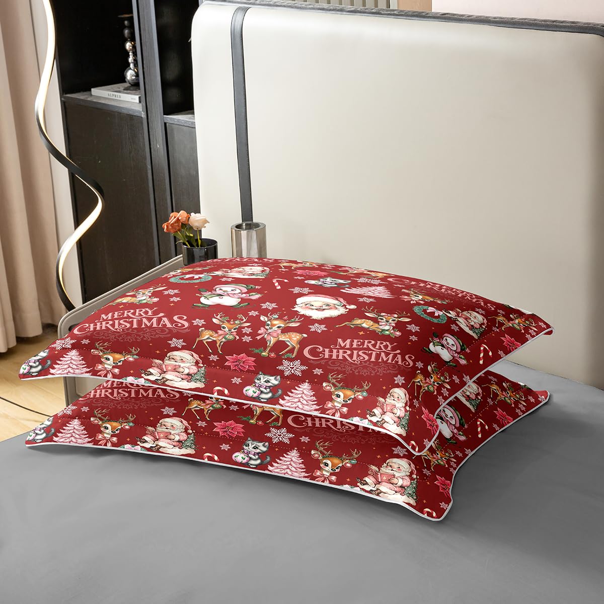 Homewish Czerwona choinka super king zestaw pościeli Święty Mikołaj, jeleń, bałwan, bawełna, poszewka na kołdrę dla dzieci, dziewcząt, chłopców, zimowa poszewka na kołdrę, urocze różowe kokardki
