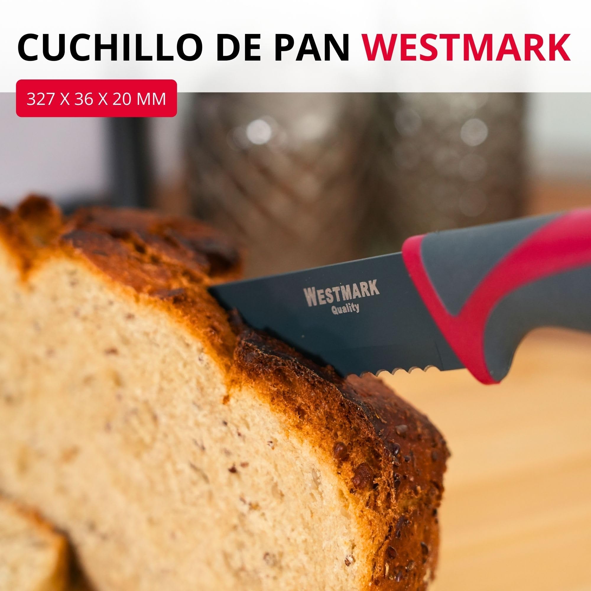 Westmark Cuchillo para pan, Con hoja dentada larga, Longitud de la hoja: 20 cm, Con protección de la hoja, Acero inoxidable/plástico, Antracita/rojo, 14552280