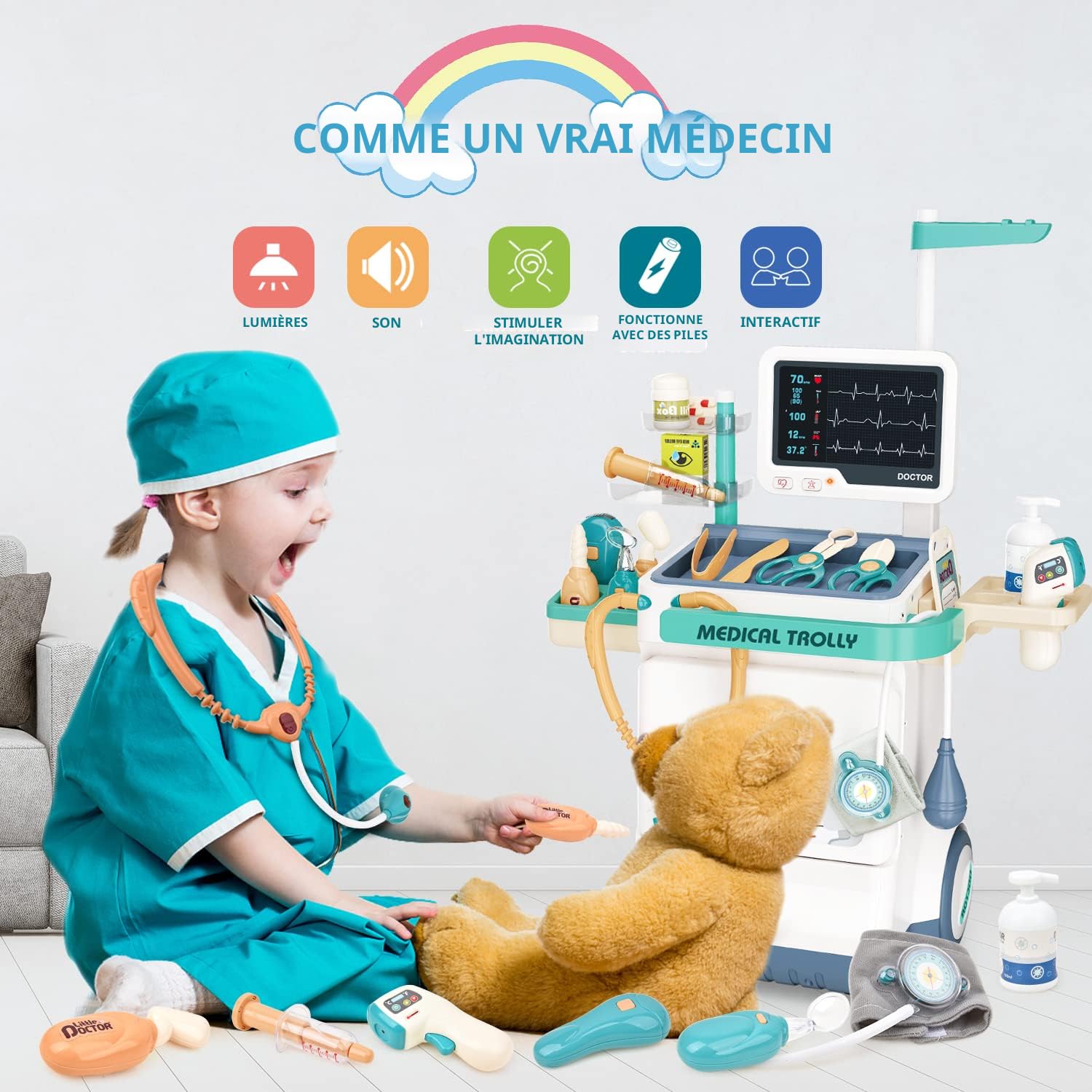 24 Accessoires Chariot Mobile Kit de Médecin Ensemble de Station Médicale de Prétendre Jouets de Médecin pour Enfants avec Tableau Oculaire Thermomètre Stéthoscope Machine de Pouls 24 Accessoires Chariot Mobile Kit de Médecin Ensemble de Station Médicale de Prétendre Jouets de Médecin pour Enfants avec Tableau Oculaire Thermomètre Stéthoscope Machine de Pouls