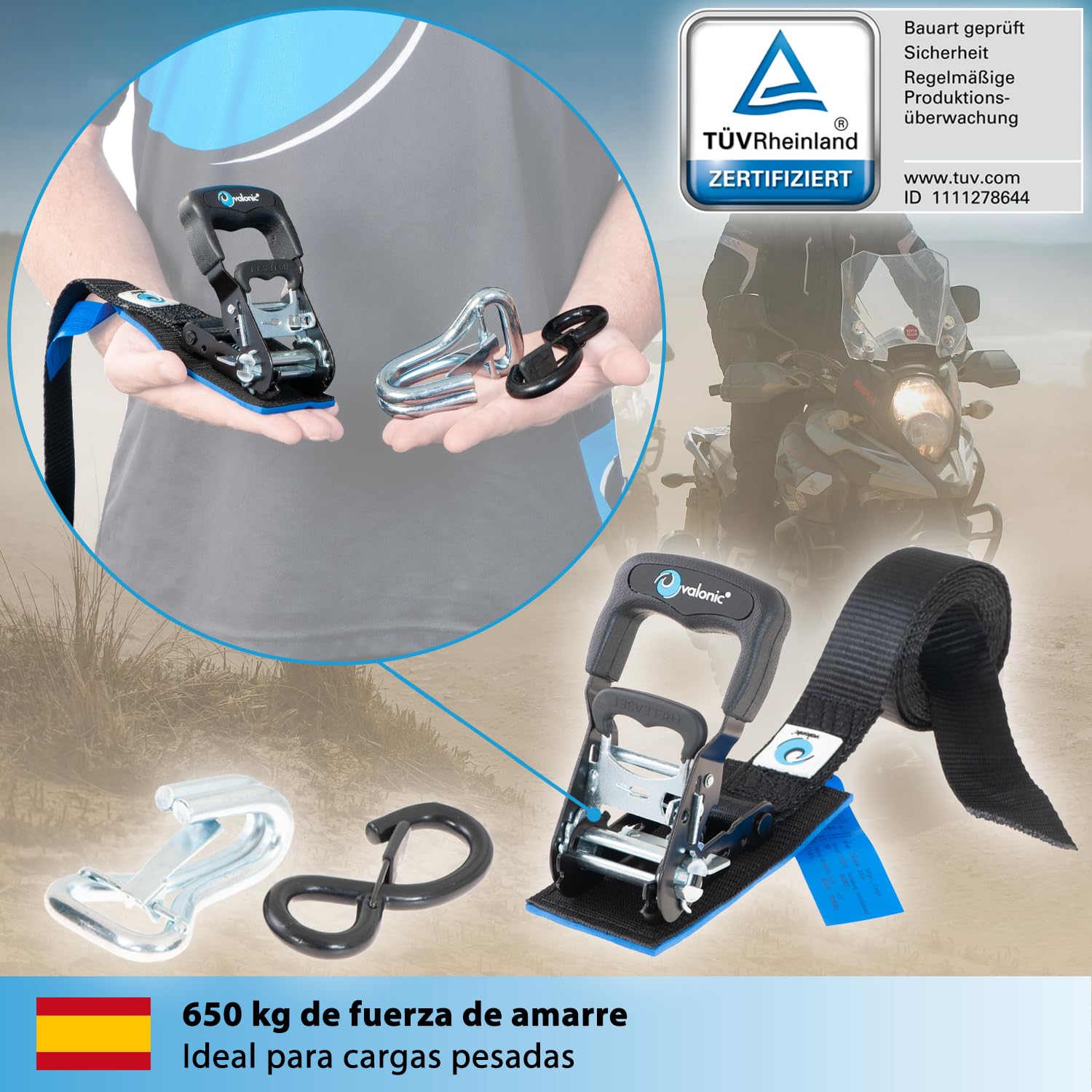valonic Panther - 2X 2,25m cincha de Amarre con trinquete para Motos, 38mm, 650/1300 Kg, Acolchado, Certificado TÜV Rheinl/GS, EN 12195-2 - Distancia de tensado Corta, para remolques