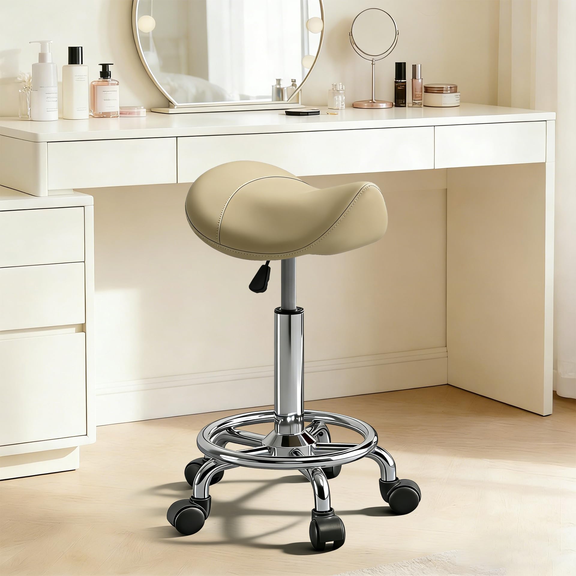 Saddle Stool with Ring Pedal, Adjustable Hydraulic Rolling Chair with Wheels for Medical, Massage, Salon, Spa, Kitchen, and Drafting Use