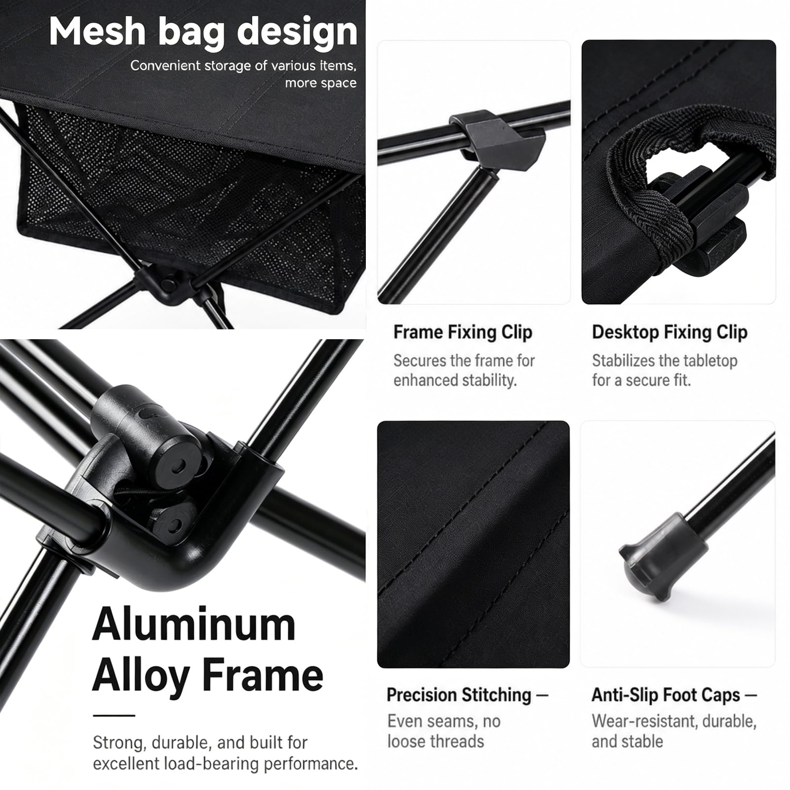 Table de camping pliable ultra légère avec sac de transport et plateau en filet, table d'extérieur réglable en hauteur en aluminium, table de pique-nique pour camping, pêche, randonnée (noir)