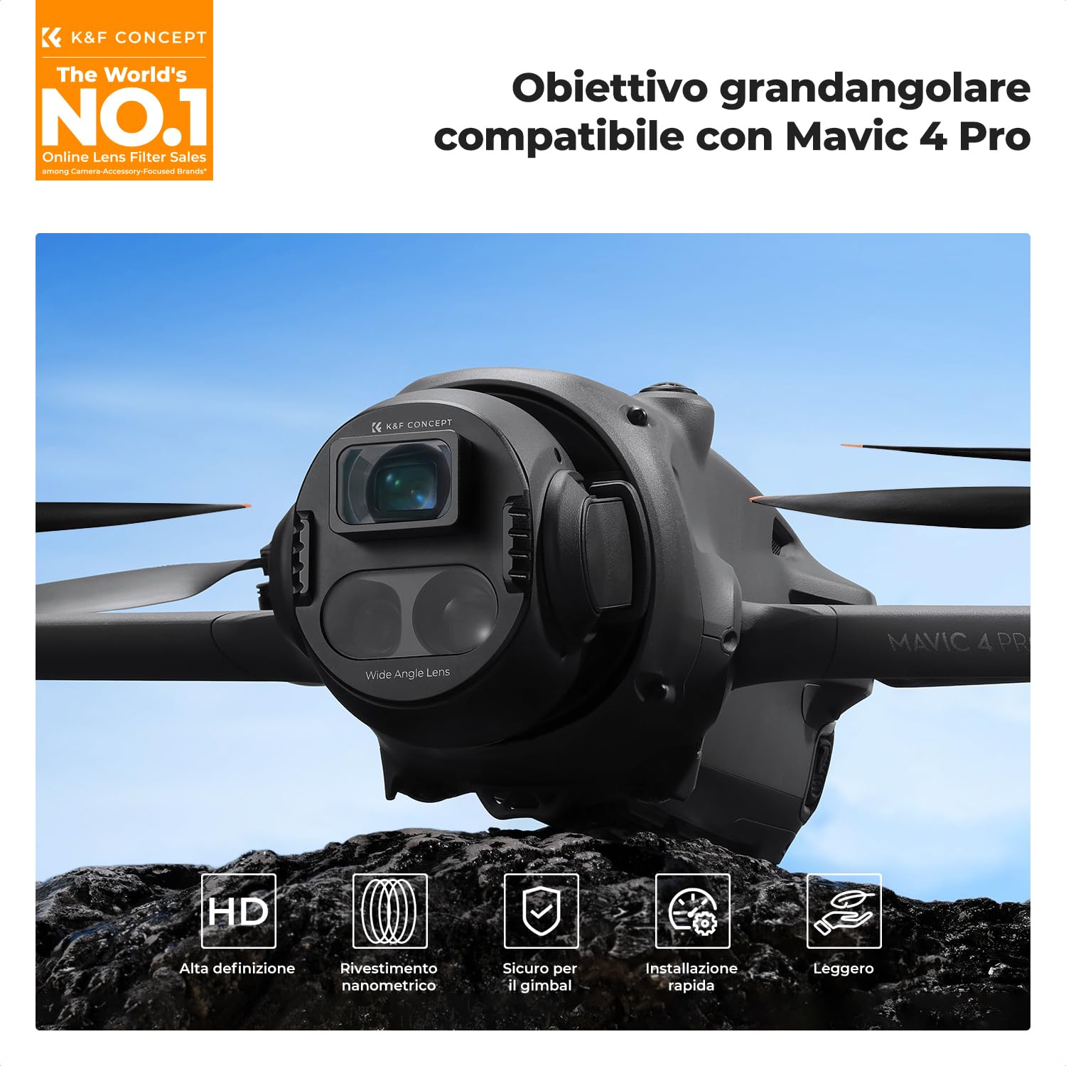 K&F CONCEPT Weitwinkelobjektivfiter Kompatibel mit DJI Mavic 4 Pro, 108° Weitwinkelobjektiv Magnetische Befestigung, Weitwinkelvorsatzlinse Mehrfach Beschichtet/Optisches Glas, Drohnenzubehör