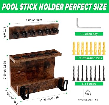 Pool Stick Holder Wall Mount, Pool Cue Set Holder for 6 Cues Sticks Storage Pool Table Accessories Equipment Organizer, Cue Rack Billiards Accessories for Game Room Bars Clubs Billiard Players, Brown