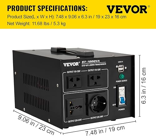 Miniatura 7 de Transformador convertidor de voltaje, convertidor de transformador elevador de alta resistencia de 1000 W (240 V a 110 V, 110 V a 240 V), 2 EE. UU.