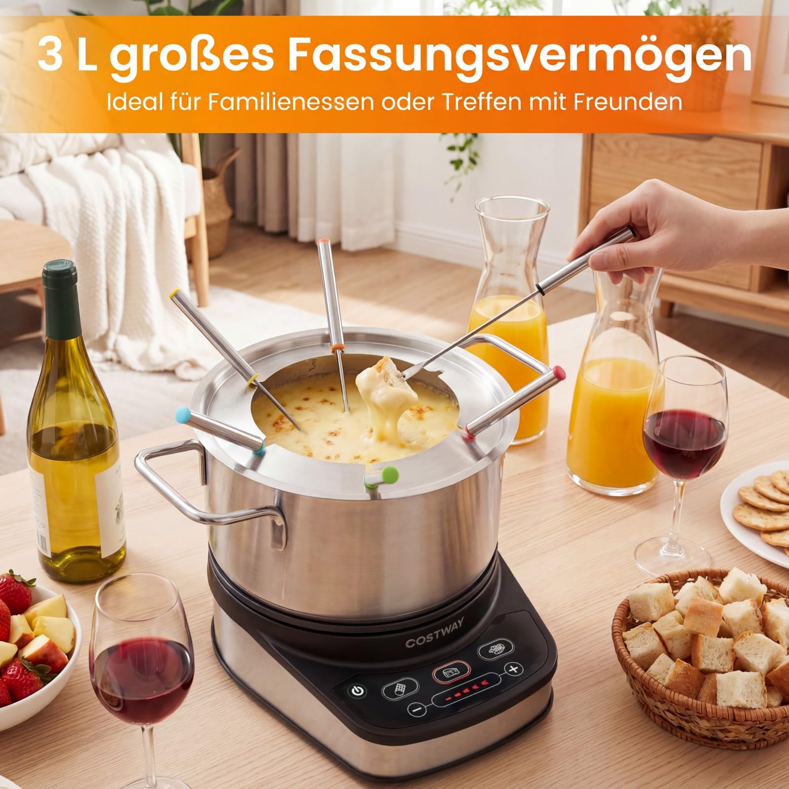 COSTWAY Elektryczny zestaw do fondue, 1200 W, ze zdejmowanym garnkiem ze stali nierdzewnej 3 l, 6 widelców oznaczonych kolorami i regulacją temperatury, nadaje się do mycia w zmywarce, do sera