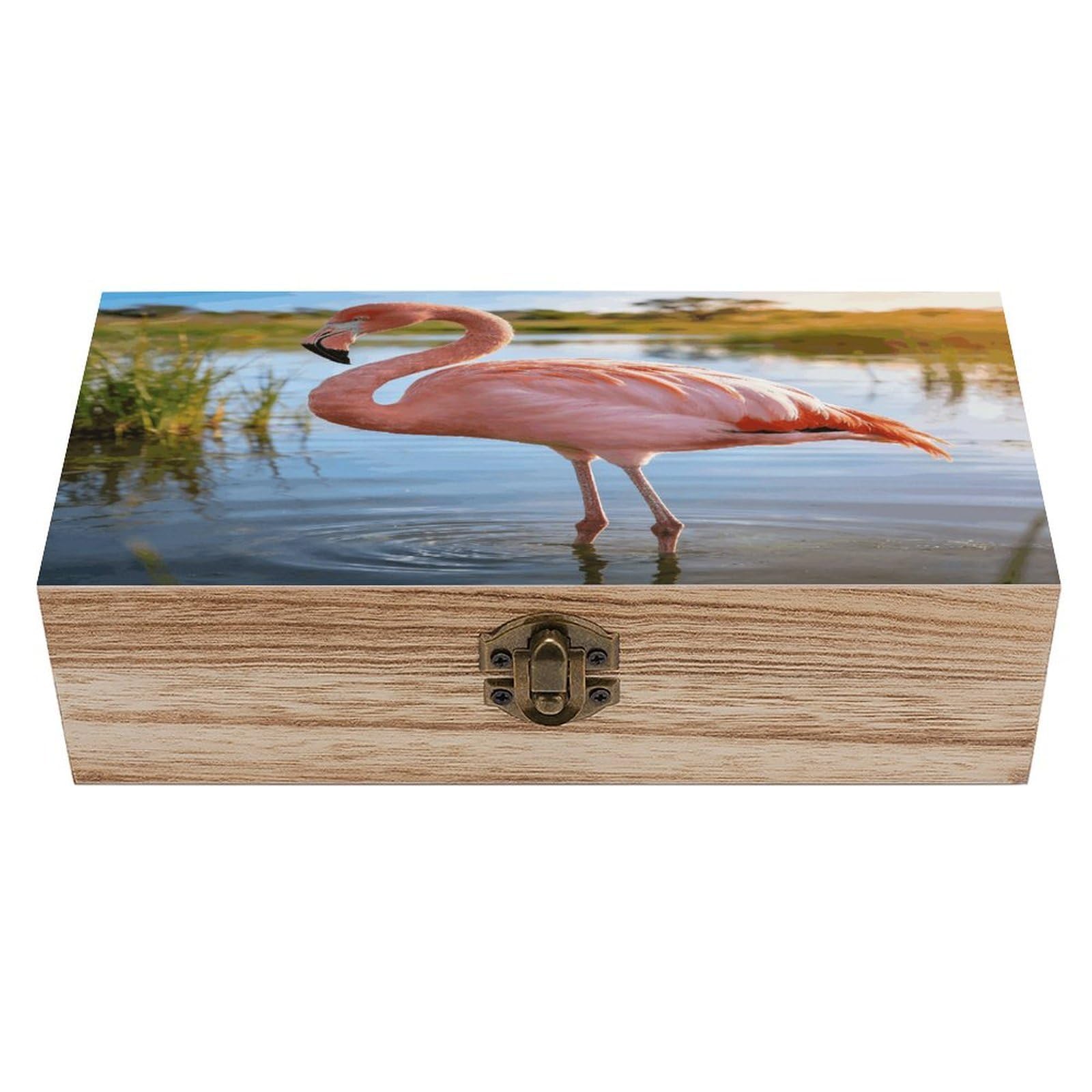 Elegant Flamingo With National Flag Wooden Keepsake Box Wooden Storage Box Container with Hinged Lid Beautiful Wood Memory Box Decorative Jewelry Case for Crafts Art Hobbies & Trinket Storage